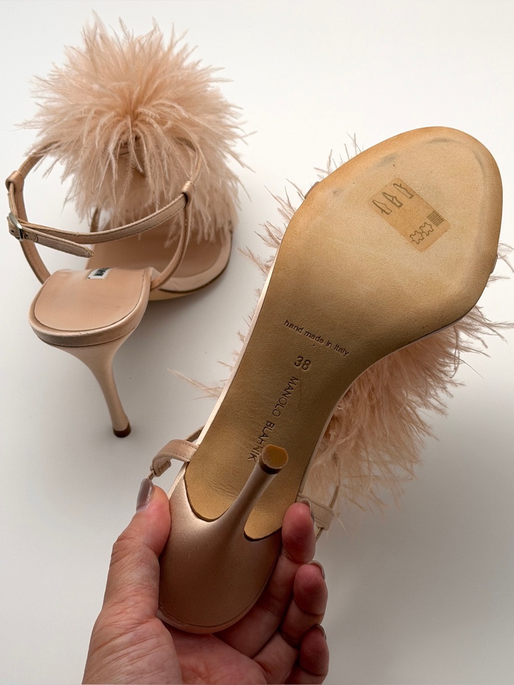 Manolo Blahnik Blush Feather-Trim Slingback Heels - NIB EU38 - Picture 7 of 9